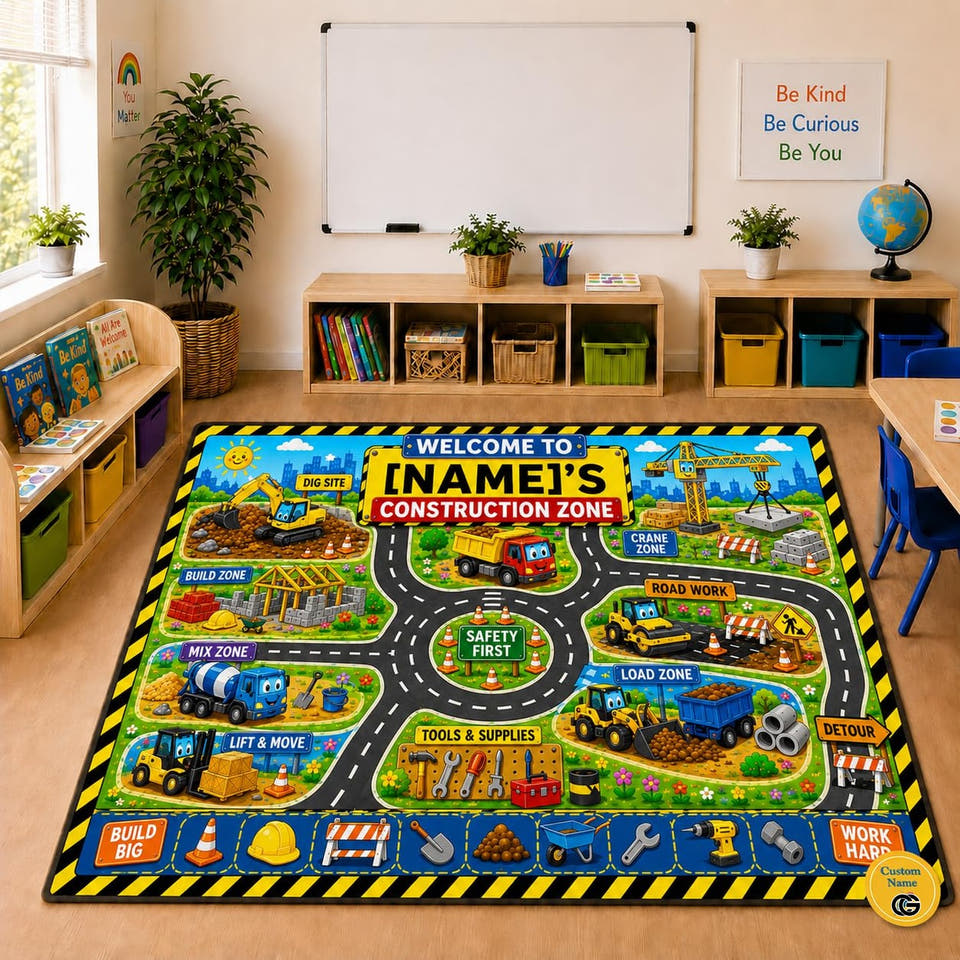 Classroom Area Rug featuring colorful thematic accent trucks, asphalt roadways, and thematic accent cones in a lively...