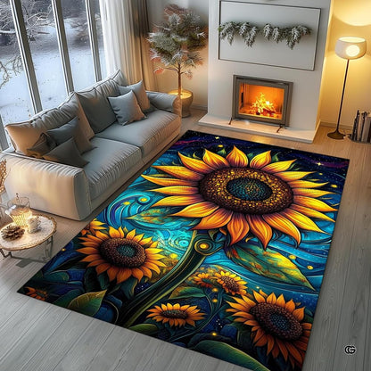 Studio layout displaying the starry night sunflower rug centered on flooring - thumbnail image 5 of 8
