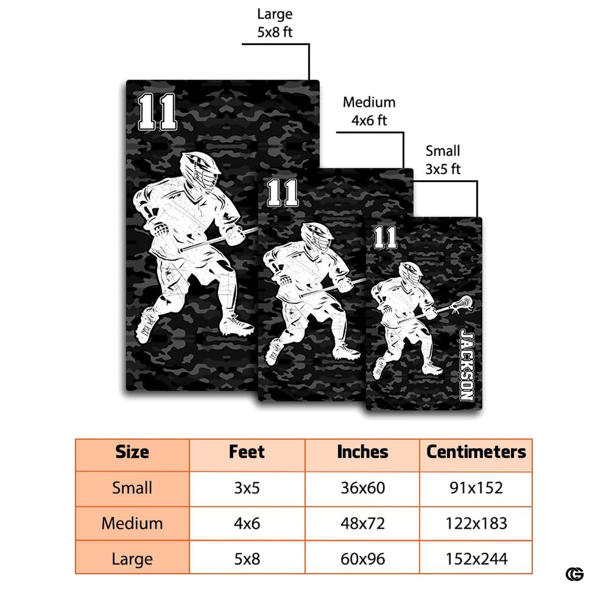 Overhead floor layout view of the black camo lacrosse player athletic sports area rug