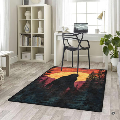 Sasquatch pine tree forest graphic floor rug styled inside a bright and colorful creative playroom environment. - thumbnail image 5 of 5
