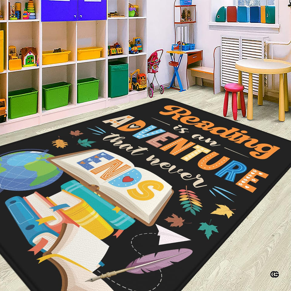 Classroom area rug with colorful books and desk globe illustration on black backdrop