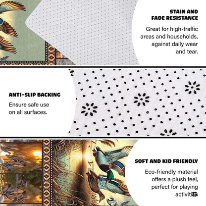 Lodge styled den featuring the mallard duck waterfowl area rug on hardwood flooring. - thumbnail image 6 of 8