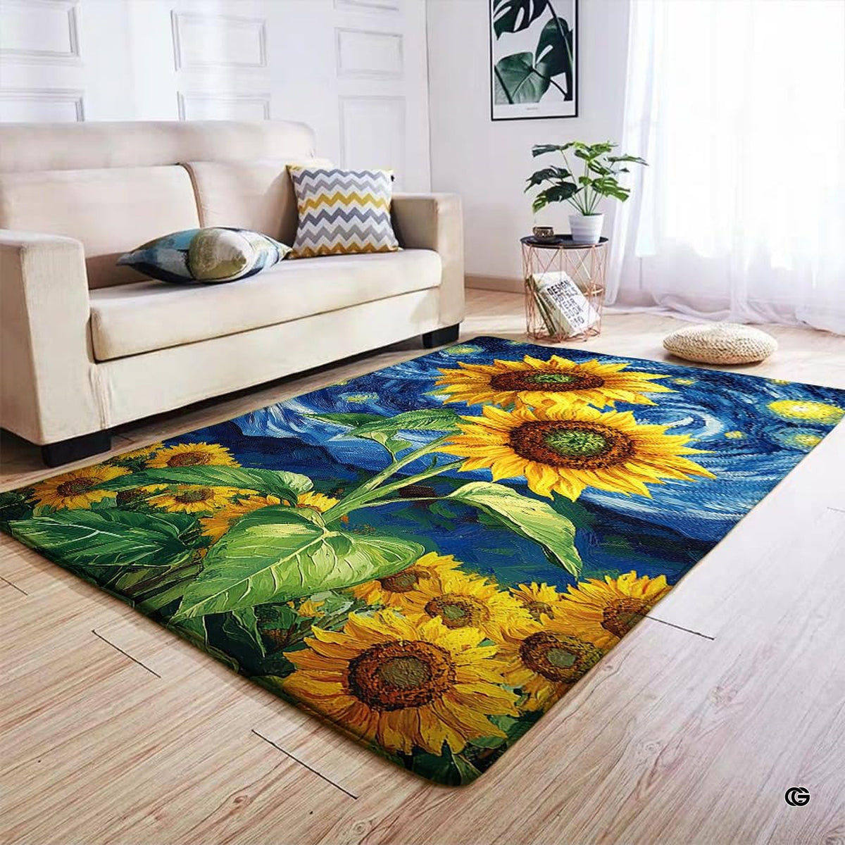 Starry night sunflower area rug styled on light wood floor in modern living room setting. - image 4 of 7