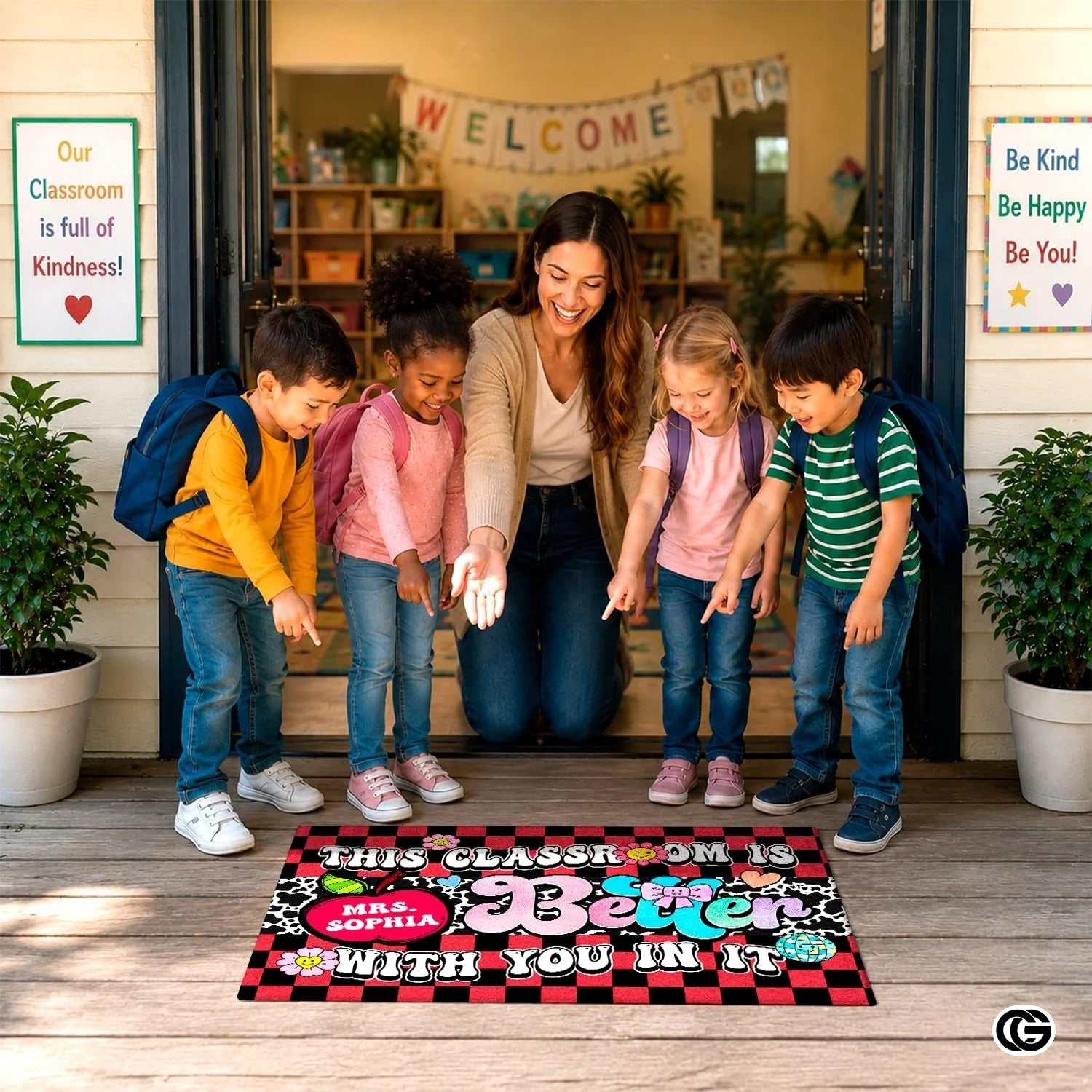 Personalized Welcome Doormat with Teacher Name and Notebook Pattern