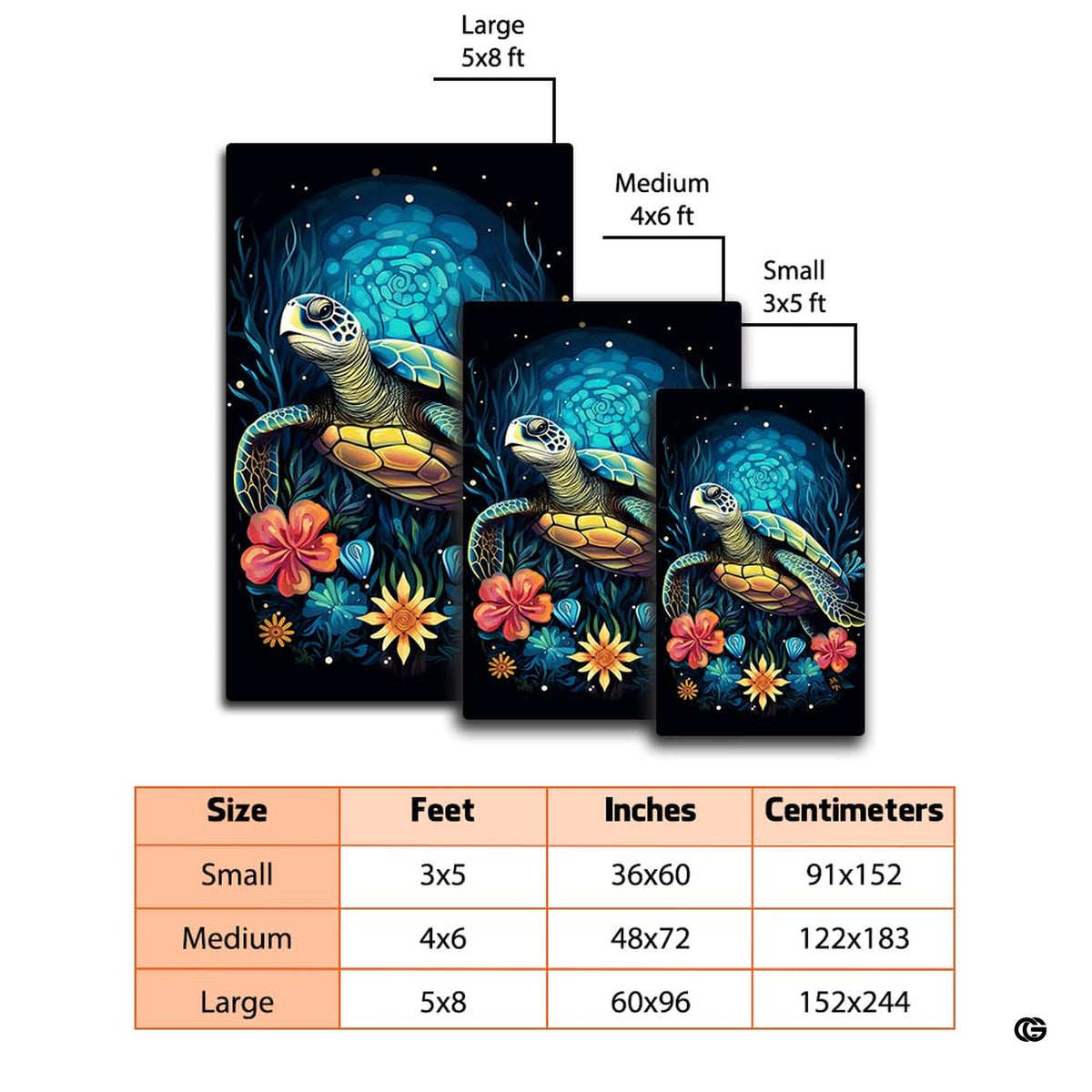Mockup display of the glowing sea turtle rug placed in front of a modern sofa - image 2 of 7