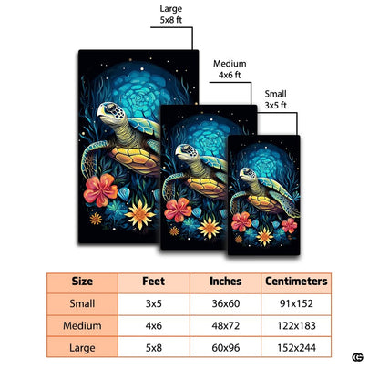 Mockup display of the glowing sea turtle rug placed in front of a modern sofa - thumbnail image 2 of 7