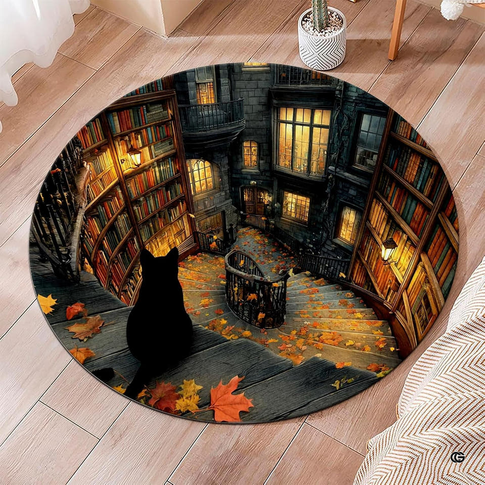 Round gothic library area rug with black cat and autumn leaves on wooden floor