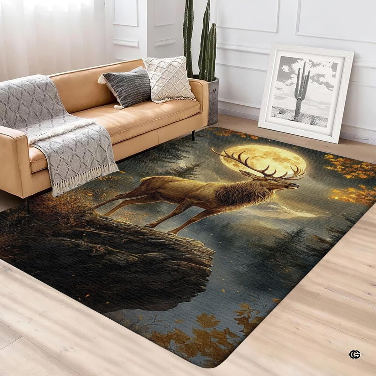 Living room setting styled with a rustic woodland stag motif floor rug beneath a wooden table. - image 3 of 5