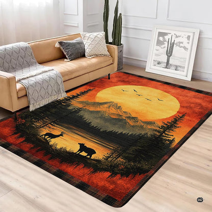 Rustic lodge area rug styled in a living room beside wooden furniture and nature decor. - thumbnail image 3 of 5