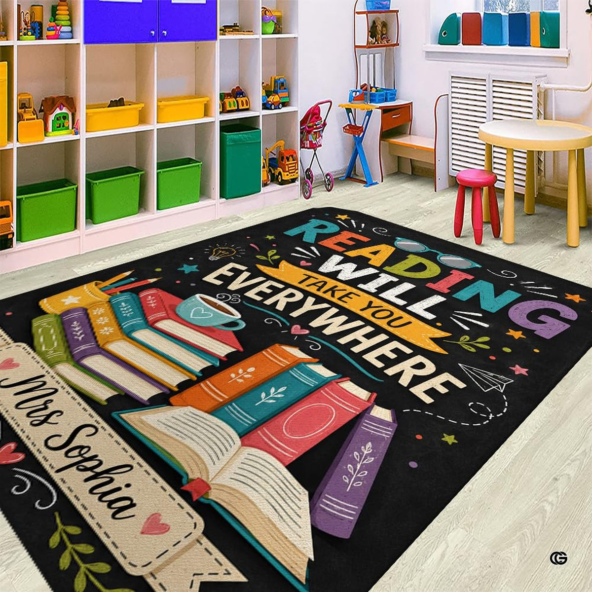 Close up texture detail showing soft pile surface and stitching of book lover rug. - image 3 of 7