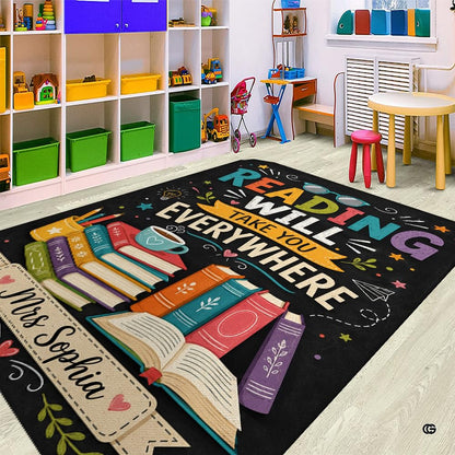 Close up texture detail showing soft pile surface and stitching of book lover rug. - thumbnail image 3 of 7