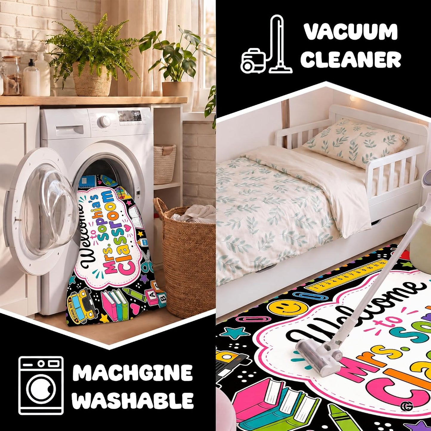 Personalized Teacher Classroom Rug, Custom Back to School Welcome Mat with Name, Kindergarten Preschool Elementary Decor, Composition Notebook Carpet (A07)