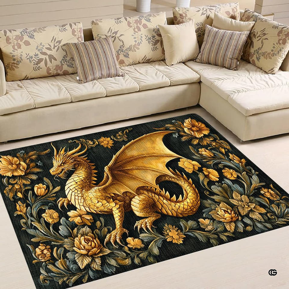 Golden dragon area rug featuring an ornate winged beast and baroque border on dark charcoal floor.