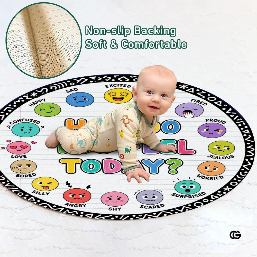 Wheel of Feelings and Emotions Round Rug, Educational Mental Health Rug for Classroom, Educational Animal Shape School Mat, Back to School Gift (Emotion 3)