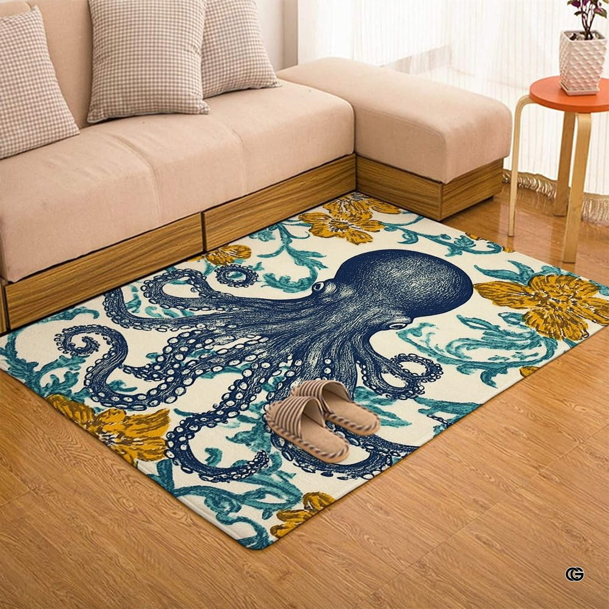 Blue octopus area rug placed alongside living room couch and accent furniture.