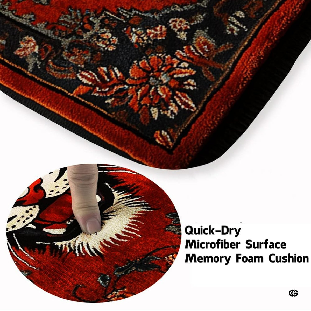 Soft low-pile microfiber fabric and foam cushioning detail of red tiger rug