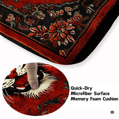Soft low-pile microfiber fabric and foam cushioning detail of red tiger rug - thumbnail image 3 of 8