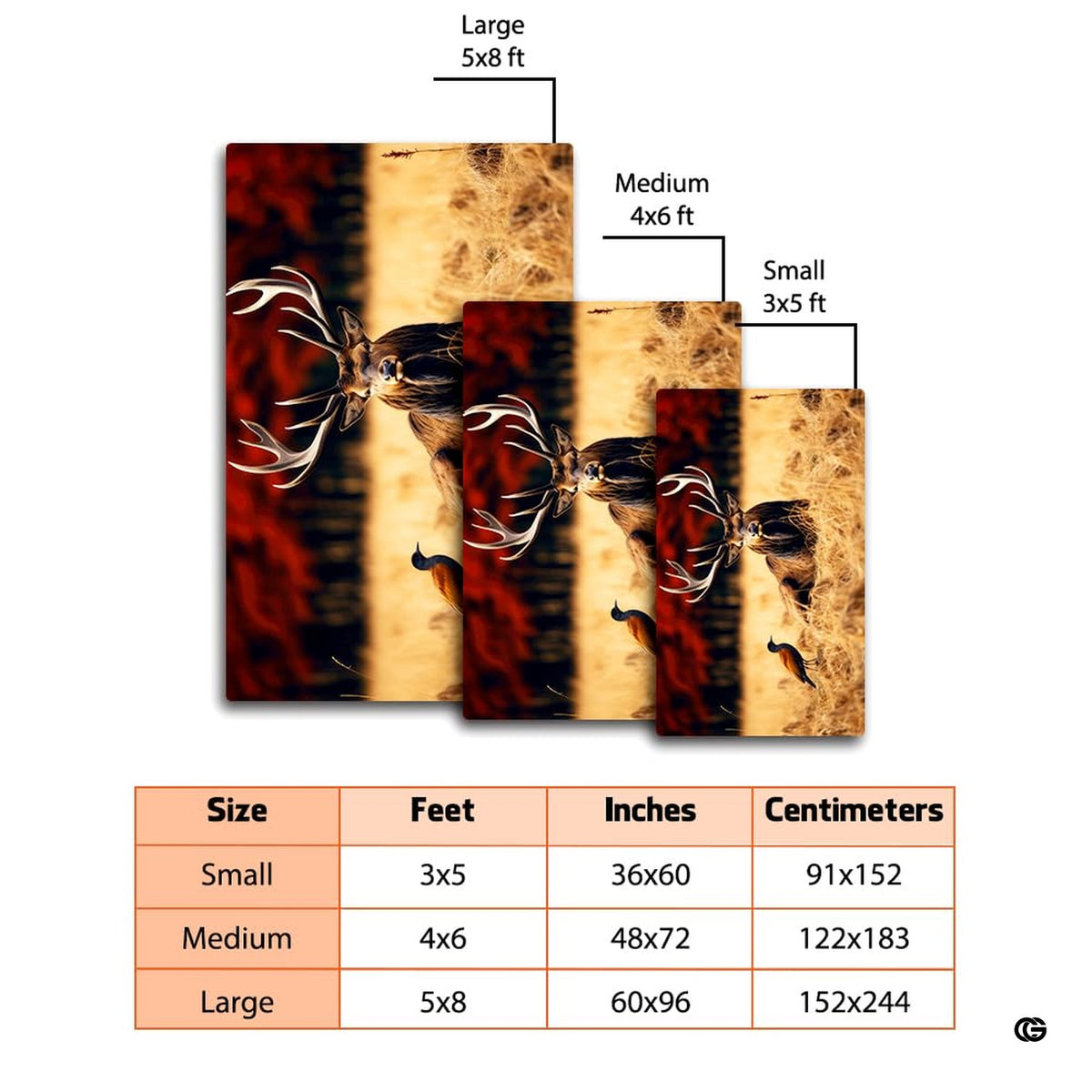 Dimension comparison chart displaying multiple size formats for this red deer stag area rug.