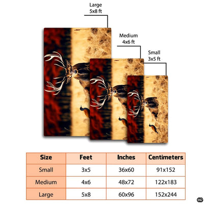 Dimension comparison chart displaying multiple size formats for this red deer stag area rug. - thumbnail image 2 of 7