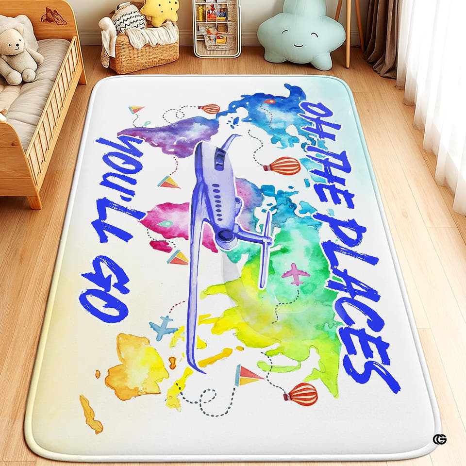 Classroom area rug featuring a watercolor world map rug with colorful continents and flying airplanes.