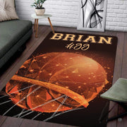 Geometric polygonal basketball swishing through glowing hoop rectangular area rug. - thumbnail image 1 of 7