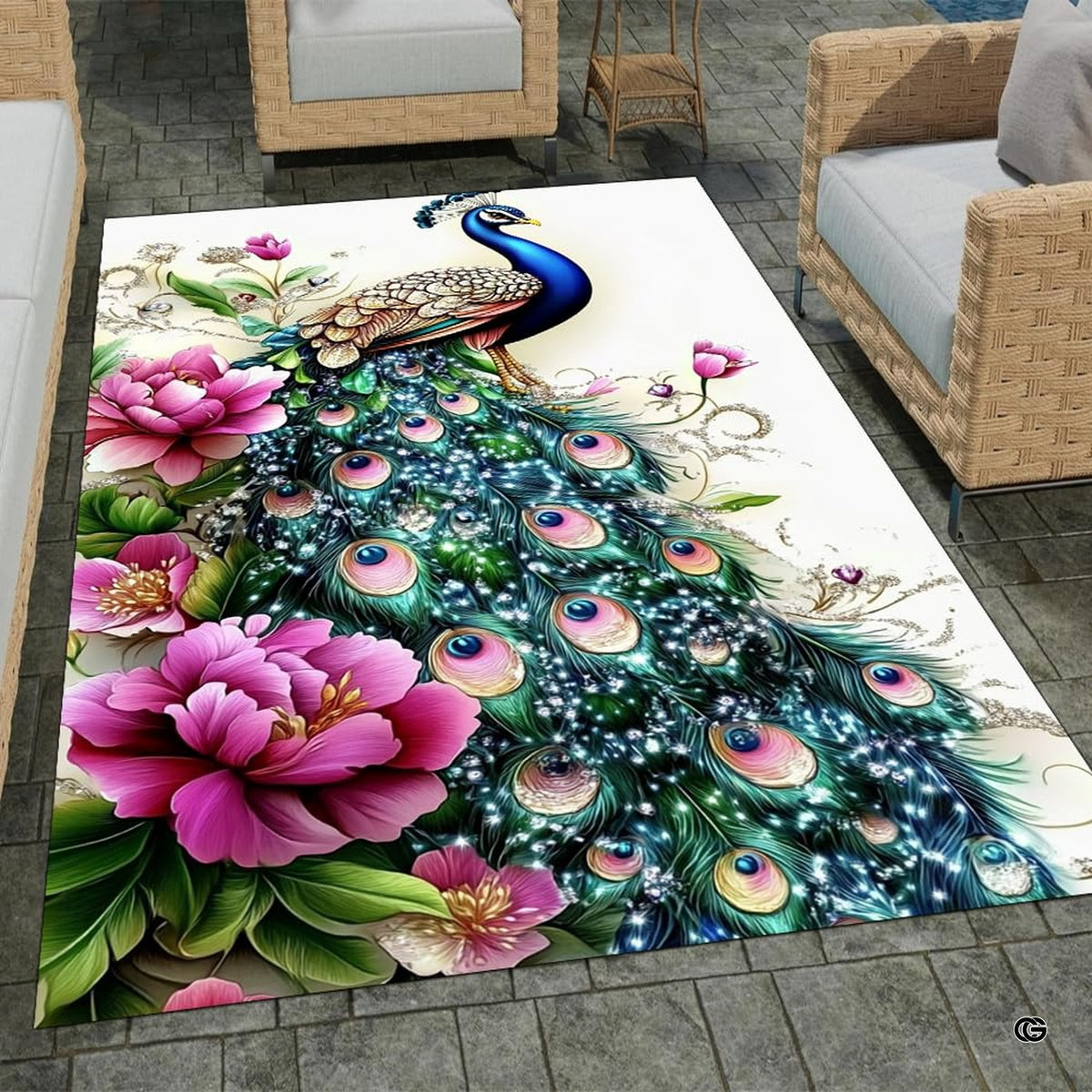 Overhead layout view of the rectangular pink peony peacock diamond feather wildlife area rug
