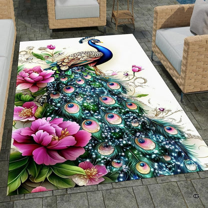 Overhead layout view of the rectangular pink peony peacock diamond feather wildlife area rug - thumbnail image 7 of 8