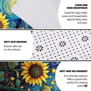 Infographic showing the non-skid dot backing and edge stitching of the sunflower rug - thumbnail image 4 of 8