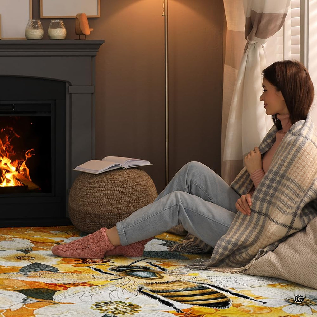 Sunroom layout displaying the honey amber bee rug centered on flooring