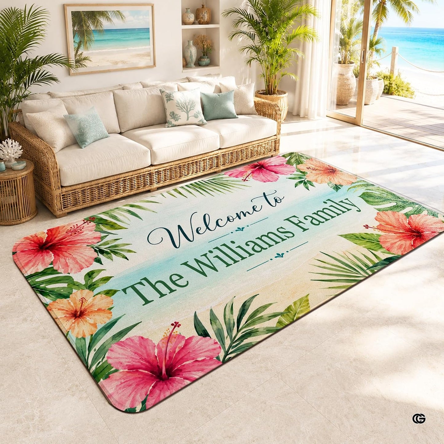 Personalized Tropical Beach Rug, Custom Family Name Tropical Outdoor Rug, Flamingo Surfboard Ocean Area Rug for Living Room, Patio, Beach House Decor, Design 07