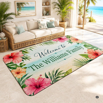 Personalized Tropical Beach Rug, Custom Family Name Tropical Outdoor Rug, Flamingo Surfboard Ocean Area Rug for Living Room, Patio, Beach House Decor, Design 07