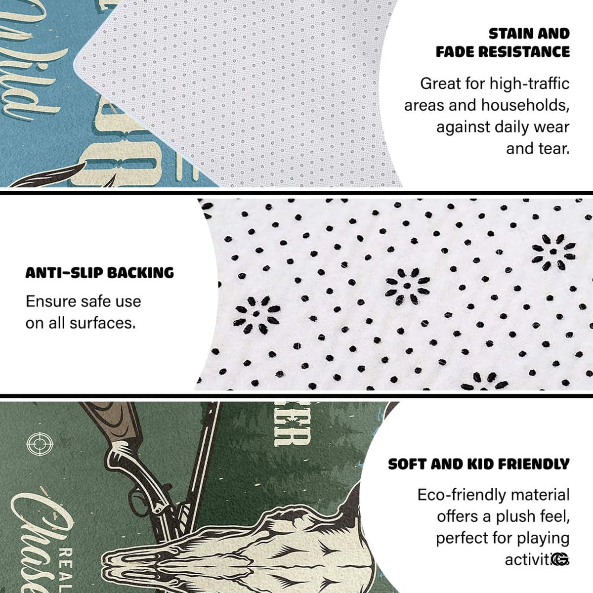 Close-up view of wilderness decorative accent skull illustration and evergreen forest graphics on an area rug. - image 4 of 7
