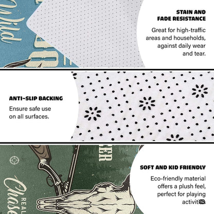 Close-up view of wilderness decorative accent skull illustration and evergreen forest graphics on an area rug. - thumbnail image 4 of 7