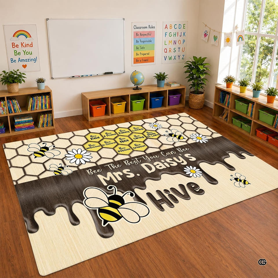 thematic accent honeycomb classroom area rug displaying bumblebees and daisy blossoms on wood grain.