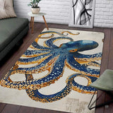 Kraken octopus nautical symbols area rug display on antique parchment background.