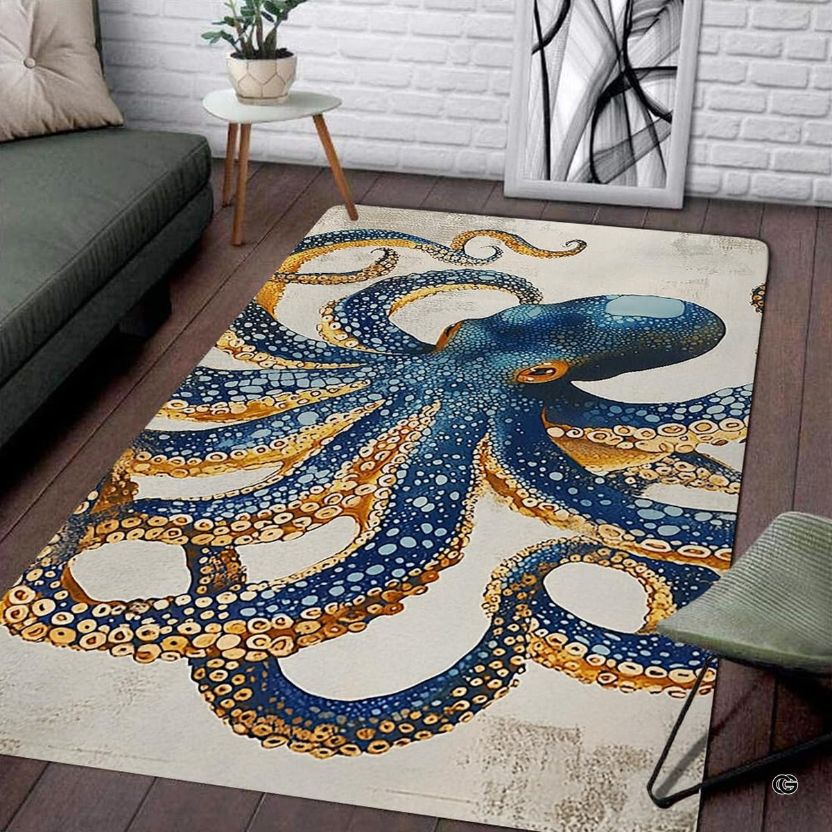 Kraken octopus nautical symbols area rug display on antique parchment background. - image 1 of 7
