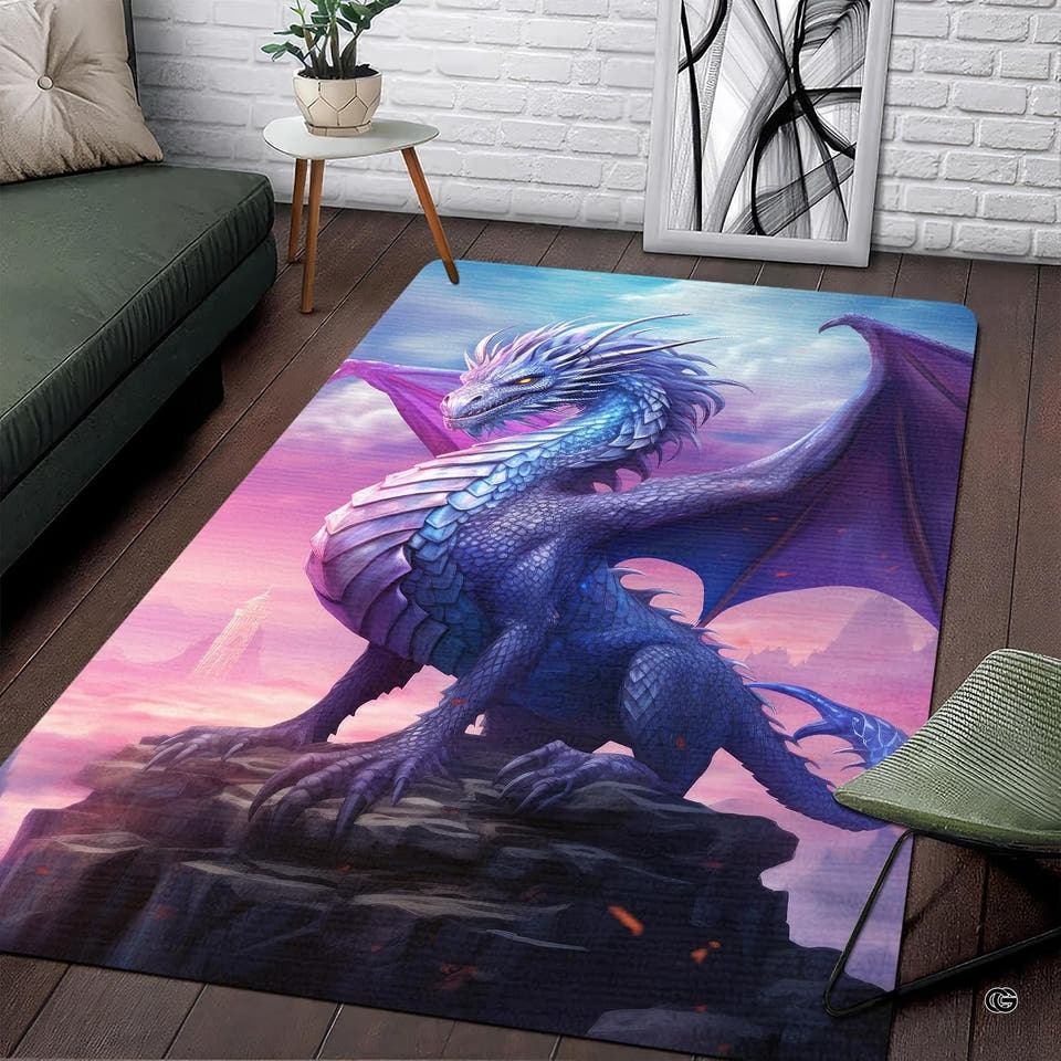 Majestic blue eyes dragon area rug featuring sprawling wings perched on rocky cliffs under sunset clouds.
