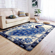 Top down overhead perspective of the blue peacock area rug with ornamental tiled porcelain style borders. - thumbnail image 4 of 7