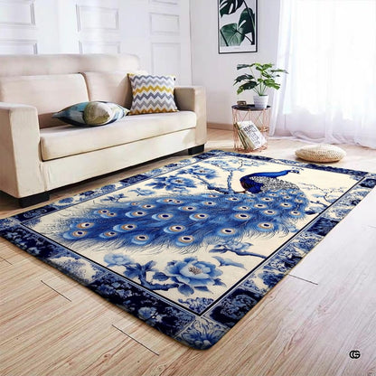 Top down overhead perspective of the blue peacock area rug with ornamental tiled porcelain style borders. - thumbnail image 4 of 7