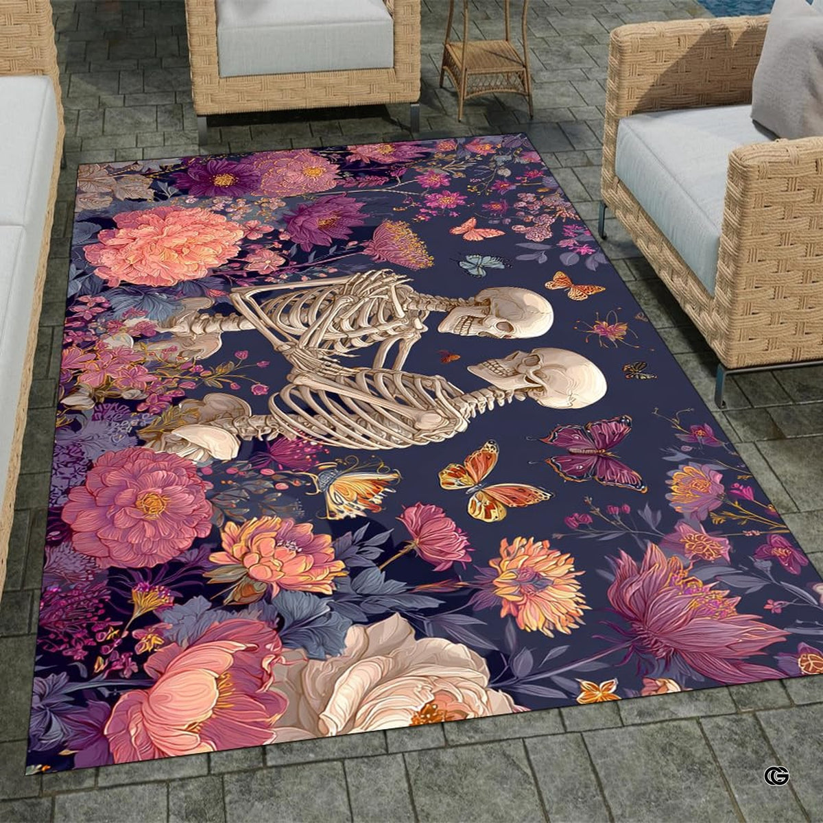 Outdoor patio or parlor mockup displaying the gothic skeleton lovers area rug