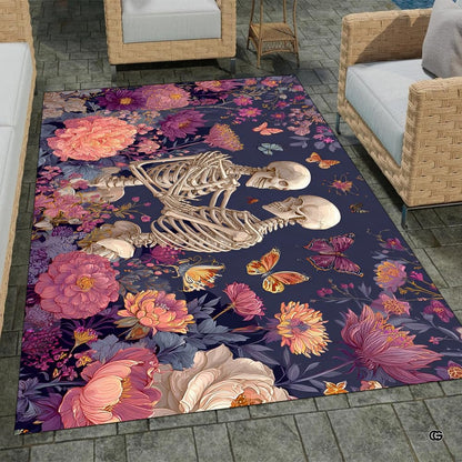 Outdoor patio or parlor mockup displaying the gothic skeleton lovers area rug - thumbnail image 8 of 8