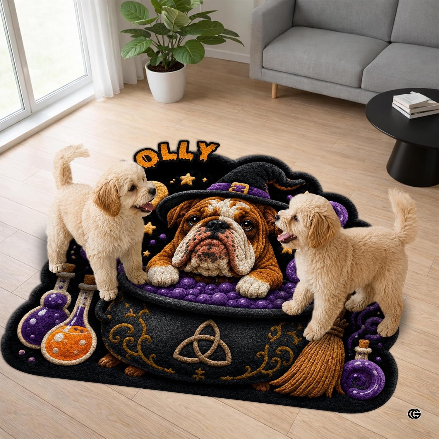 Custom Dog Photo Rug, Personalized Pet Portrait Area Mat Non Slip Indoor Door Rug for Dog Lovers, Welcome Home Decor Halloween (Witch Cauldron)