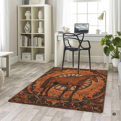 Angled perspective of horse area rug highlighting rich earth tones, circular medallion illustration, and ornate borders. - thumbnail image 5 of 5