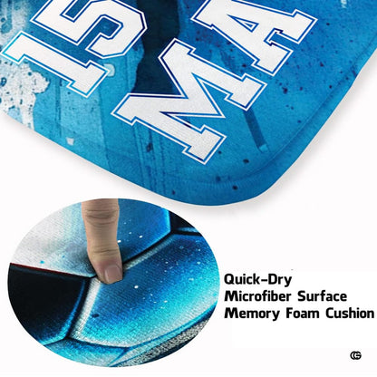 Close view of vibrant soccer graphic rug showcasing cyan splashes and stadium line detailing. - thumbnail image 3 of 8