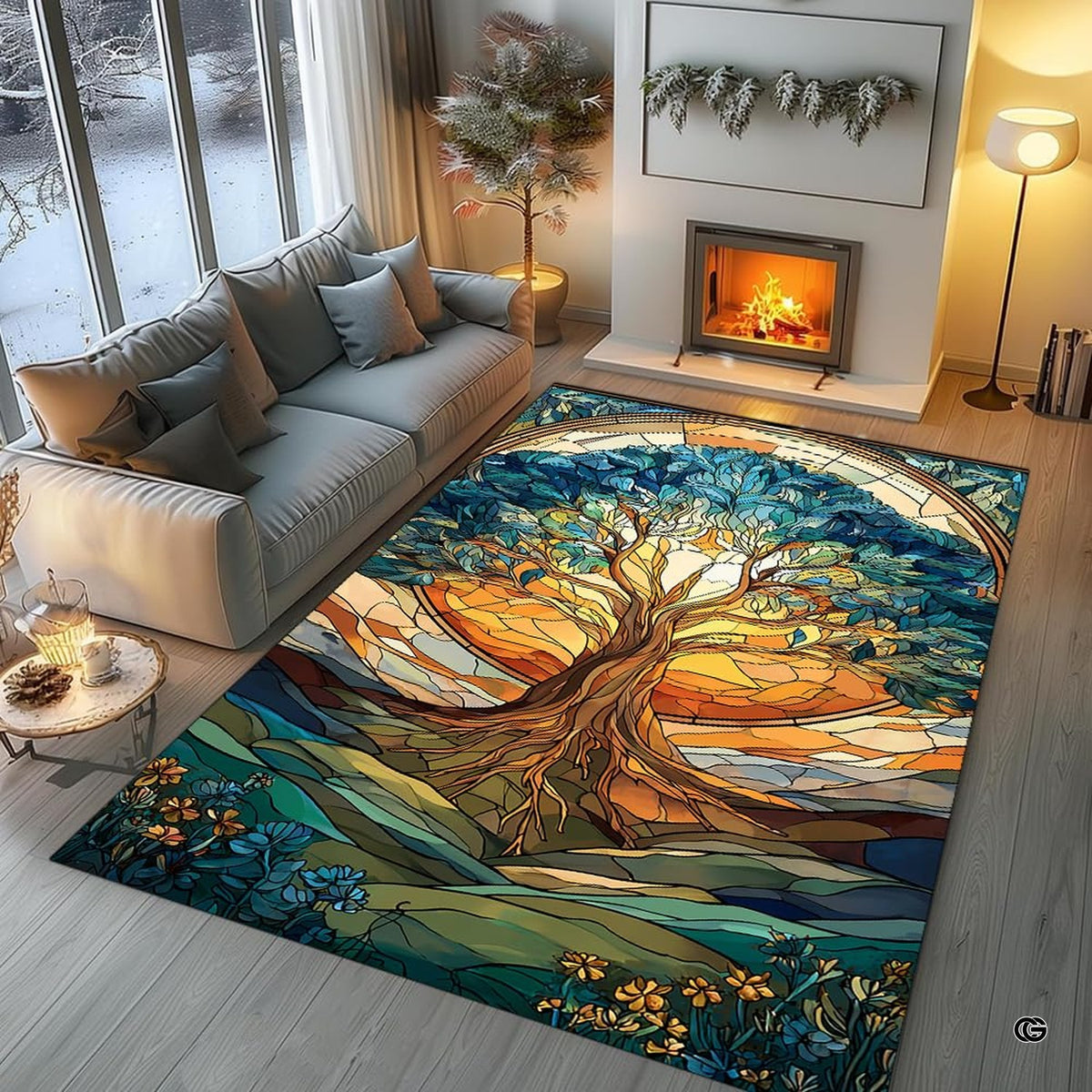 Overhead floor layout view of the stained glass sunset Tree of Life meadow area rug