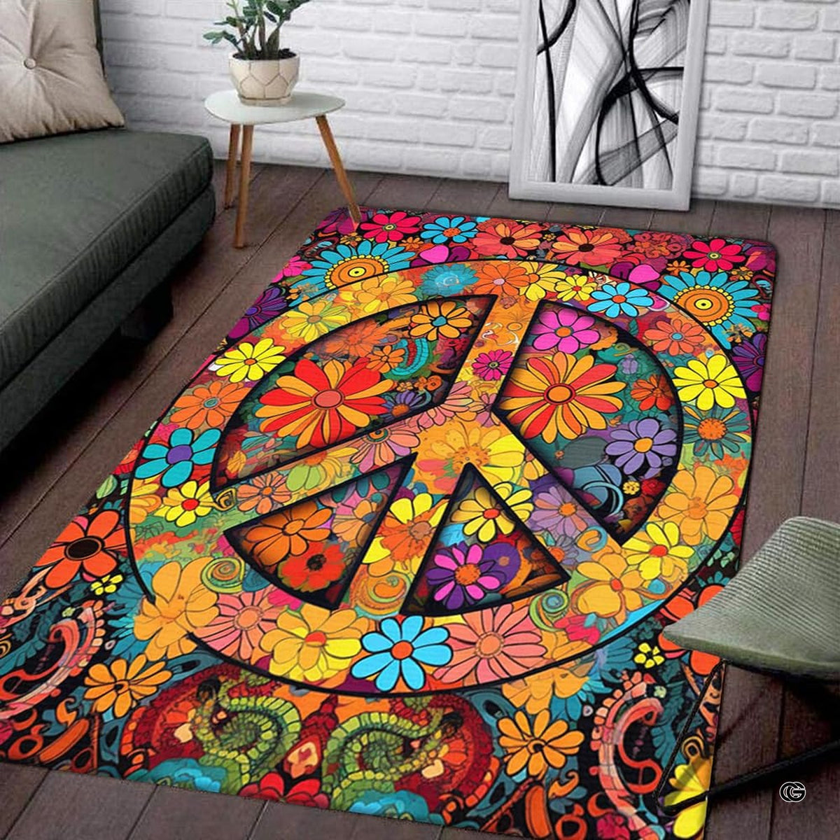 Overhead view of hippie peace sign area rug with colorful daisies and paisley swirls