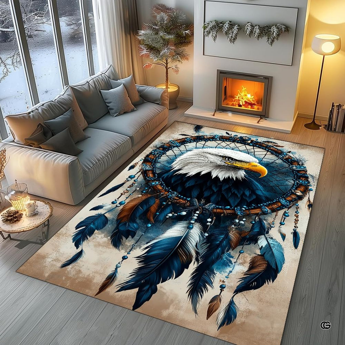 Dreamcatcher bald eagle area rug styled in modern fireside living room - image 5 of 7