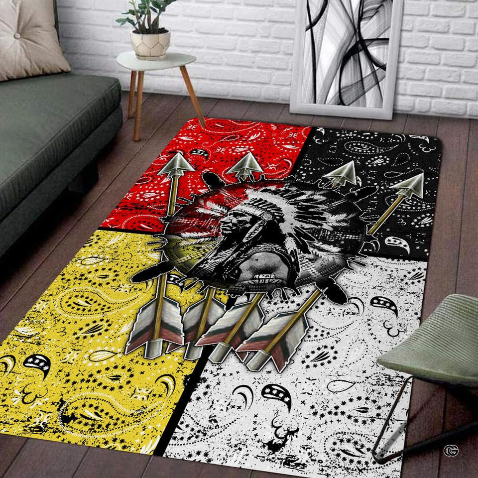Living room setting featuring a native warrior chief medicine wheel boho area rug