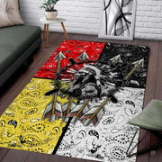 Living room setting featuring a native warrior chief medicine wheel boho area rug - thumbnail image 1 of 7