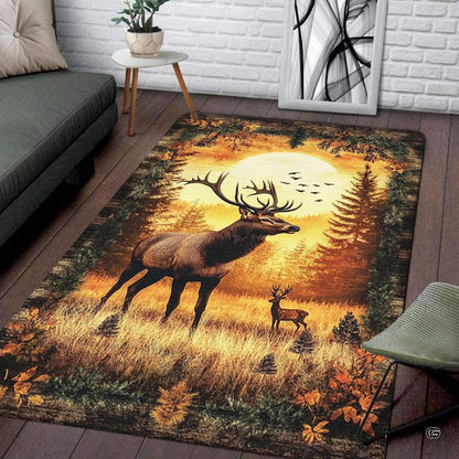 Living room seating setup featuring the golden sunset elk and deer mountain meadow rustic area rug - thumbnail image 1 of 5